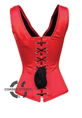 Red Satin Shoulder Straps White Lace Opening Gothic Burlesque Bustier Waist Training Overbust Corset Costume