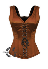 Brown Satin Shoulder Straps Black Lace Opening Gothic Burlesque Bustier Waist Training Overbust Corset Costume