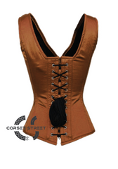 Brown Satin Shoulder Straps Black Lace Opening Gothic Burlesque Bustier Waist Training Overbust Corset Costume