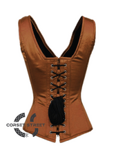 Brown Satin Shoulder Straps Seal Lock Opening Gothic Burlesque Bustier Waist Training Overbust Corset Costume