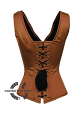 Brown Satin Shoulder Straps Seal Lock Opening Gothic Burlesque Bustier Waist Training Overbust Corset Costume