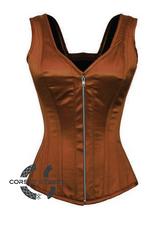 Brown Satin Shoulder Straps Silver Zip Opening Gothic Burlesque Bustier Waist Training Overbust Corset Costume