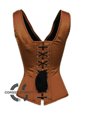 Brown Satin Shoulder Straps Silver Zip Opening Gothic Burlesque Bustier Waist Training Overbust Corset Costume