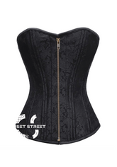 Black Brocade Spiral Steel Boned Corset Antique Zipper Waist Training Bustier Overbust Corset Top