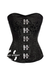 Black Brocade Spiral Steel Boned Corset Silver Clasps Front Opening Waist Training Bustier Overbust Corset Top