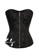 Black Brocade Spiral Steel Boned Corset Antique Zipper Front Opening Waist Training Bustier Overbust Plus Size Corset Top