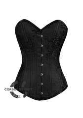 Black Brocade Spiral Steel Boned Corset Goth Burlesque Waist Training LONGLINE Overbust Bustier Top