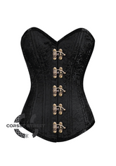 Black Brocade Spiral Steel Boned Corset Goth Burlesque Costume Waist Training LONGLINE Plus Size Overbust Bustier
