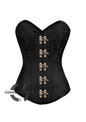 Black Brocade Spiral Steel Boned Corset Goth Burlesque Costume Waist Training LONGLINE Overbust Bustier