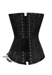 Black Brocade Spiral Steel Boned Corset Goth Burlesque Costume Waist Training LONGLINE Overbust Bustier Top