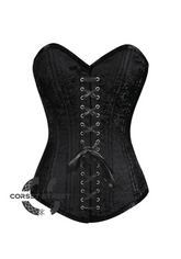 Black Brocade Spiral Steel Boned Corset Front Black Lace Goth Burlesque Costume Waist Training LONGLINE Overbust Bustier Top
