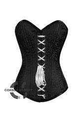Black Brocade Spiral Steel Boned Corset Front White Lace Goth Burlesque Costume Waist Training LONGLINE Plus Size Overbust Bustier Top