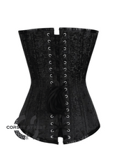 Black Brocade Spiral Steel Boned Corset Front White Lace Goth Burlesque Costume Waist Training LONGLINE Overbust Bustier Top