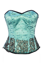 Baby Blue Corset Zipper Satin Handmade Sequins Gothic Burlesque Costume Waist Training Overbust