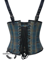 Blue Corset Checkered Cotton Black Leather Straps Gothic Steampunk Costume Waist Training Underbust Bustier Plus Size Corset Top