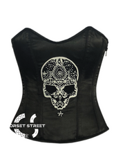 Black Satin Corset Zipper Handmade Sequins Skull Waist Training Overbust Bustier Corset Top