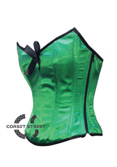 Green Satin Corset Zipper with Black Bow Gothic Burlesque Costume Waist Training Bustier Overbust Top