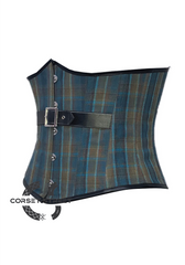 Blue Printed Corset with Black Leather Belt Gothic Costume Waist Cincher Underbust Bustier Top