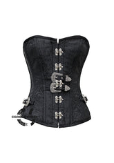 Black Brocade Silver Clasps Gothic Costume Waist Training Bustier Overbust Corset Top