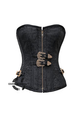Black Brocade Antique Zipper Gothic Costume Waist Training Bustier Overbust Corset Top