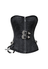 Black Brocade Silver Zipper Gothic Costume Waist Training Bustier Overbust Corset Top