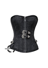 Black Brocade Silver Zipper Gothic Costume Waist Training Bustier Overbust Corset Top