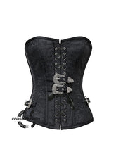 Black Brocade Front Lace Gothic Costume Waist Training Bustier Overbust Corset Top
