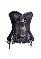 Brown Brocade Front Zipper Steampunk Costume Waist Training Bustier Overbust Corset Top