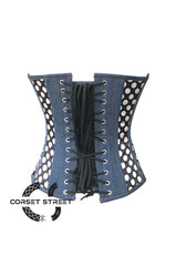 Blue Denim and Polka Dots Satin Gothic Retro Costume Waist Training Overbust Plus Size Bustier Top