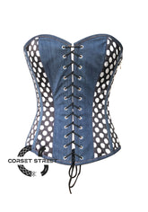 Blue Denim and Polka Dots Satin Gothic Retro Costume Waist Training Overbust Plus Size Bustier Top