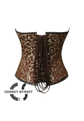 Brown & Golden Brocade and Leather Corset Overbust Bustier Top