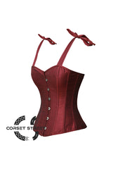 Maroon Silk Bustier with Shoulder Straps Overbust Corset