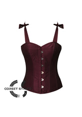 Wine Color Silk Corset Gothic Waist Training Bustier with Shoulder Strap Overbust Top
