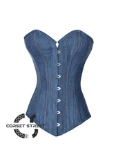 Blue Denim Long Burlesque Bustier Waist Trainer Overbust Corset Top