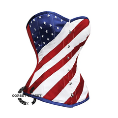 USA Flag Corset Red Strips Blue Satin Gothic Overbust Plus Size Costume Burlesque Top