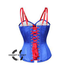 Blue And White Satin With Red Sequins UK Flag Goth Burlesque Overbust Corset With Red Stripes