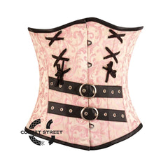 Pink Brocade With Leather Belts Steampunk Costume Waist Cincher Basque Underbust Corset