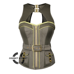 Army Green Cotton With Mesh Military Costume Steampunk Overbust Plus Size Corset Top