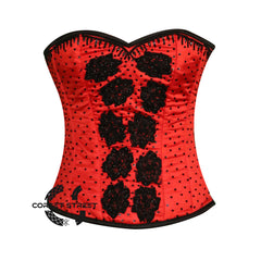 Red Satin Black Sequins Hand Work Burlesque Gothic Costume Overbust Bustier Top