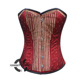 Red Satin Net Gold Sequins Hand Work Burlesque Gothic Costume Overbust Bustier Top