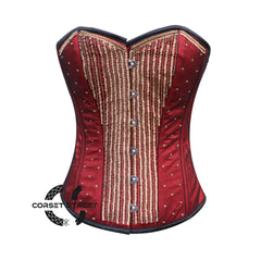 Red Satin Net Gold Sequins Hand Work Burlesque Gothic Costume Overbust Bustier Top