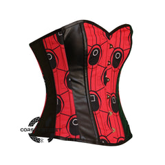 Red And Black Printed Lycra Leather Stripes Burlesque Gothic Costume Overbust Plus Size  Bustier Top