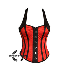 Red And Black Satin Halter Neck Burlesque Gothic Plus Size  Costume Overbust Bustier Top