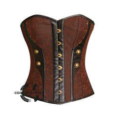 Brown Brocade Black Leather Steampunk Costume Overbust Plus Size Bustier Top