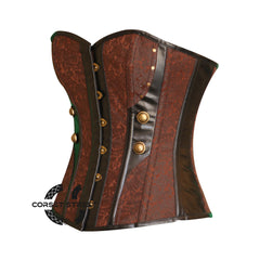 Brown Brocade Black Leather Steampunk Costume Overbust Plus Size Bustier Top