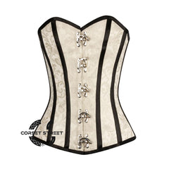 Ivory Brocade With Black Stripes Burlesque Gothic Overbust Corset Bustier Top
