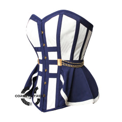 White And Navy Blue Satin Gothic Overbust Corset Plus Size Bustier Top