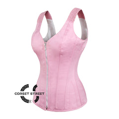 Baby Pink Satin Gothic Overbust Corset With Shoulder Strap Bustier Top