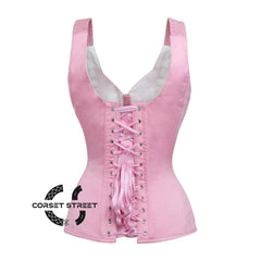 Baby Pink Satin Gothic Overbust Corset With Shoulder Strap Bustier Top
