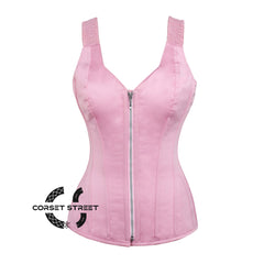Baby Pink Satin Gothic Overbust Corset With Shoulder Strap Bustier Top